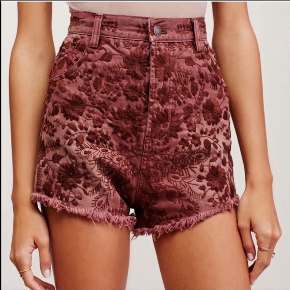 FREE PEOPLE Etienne fields floral embroidered high waisted shorts-Size:27